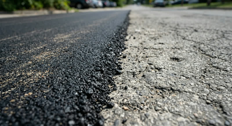 Fresh asphalt patch meeting old pavement — professional asphalt patching and repair service in Southern Oregon by Neill Sealcoating
