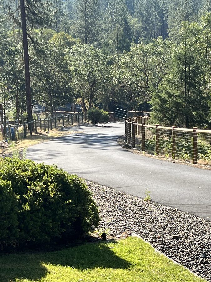 Long tree-lined asphalt driveway freshly sealcoated and lit by morning sun on Seclusion Loop in Grants Pass, Oregon
